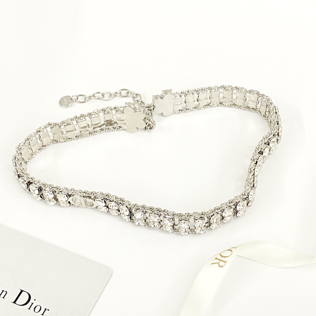 Dior Code N884 necklace silver-toned metal with clear crystal rhinestones 35cm with 5cm extension chain