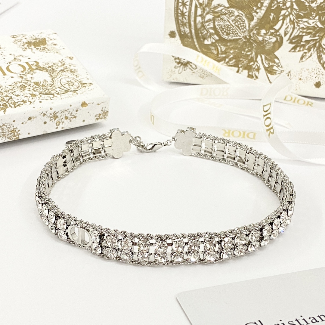 Dior Code N884 necklace silver-toned metal with clear crystal rhinestones 35cm with 5cm extension chain