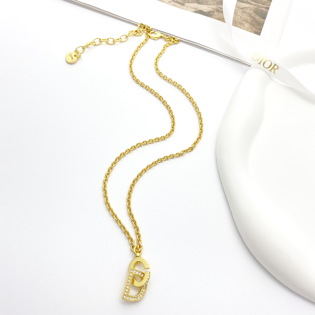Dior CD Montaigne necklace gold-tone metal with clear crystal pave 42cm with 5cm extender