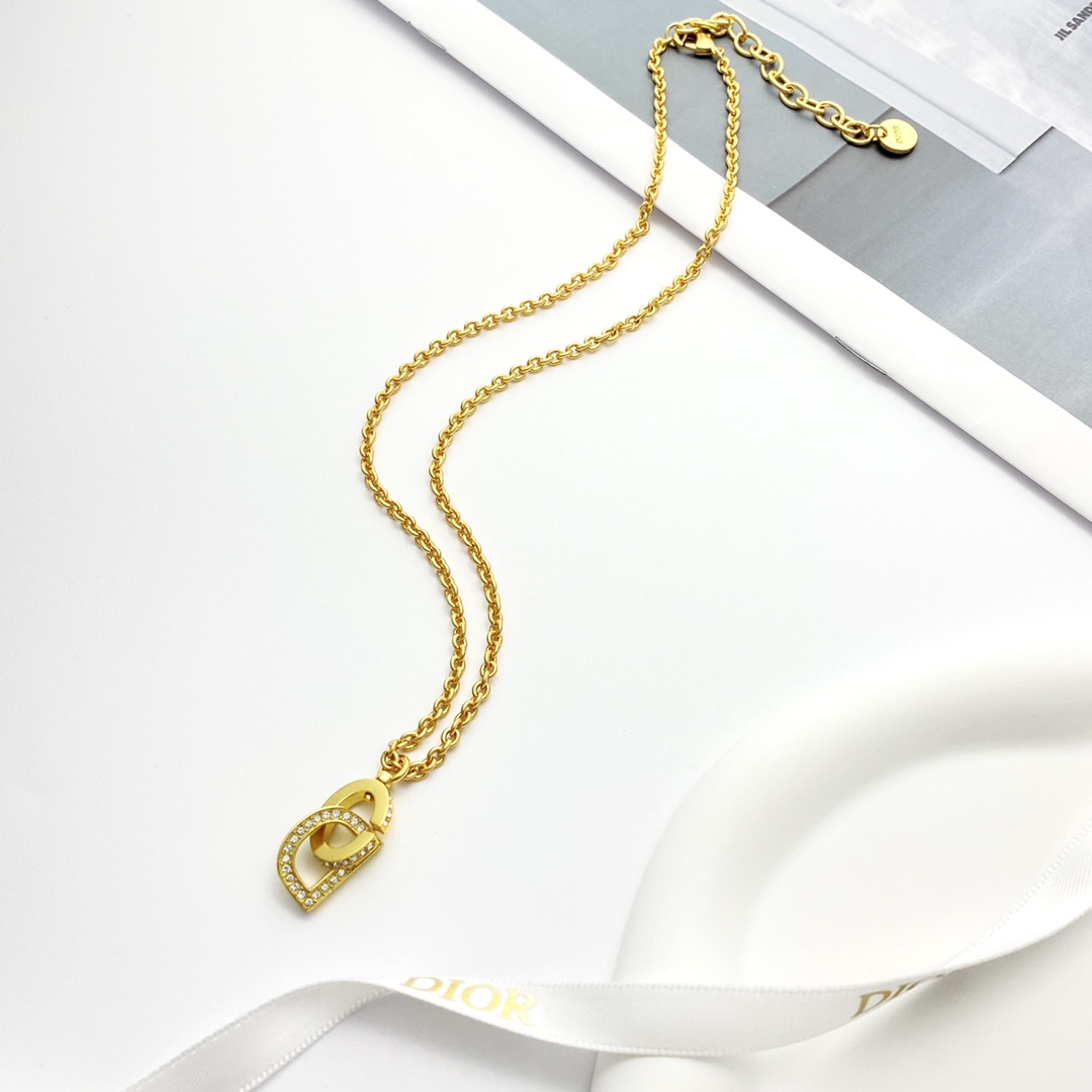 Dior CD Montaigne necklace gold-tone metal with clear crystal pave 42cm with 5cm extender