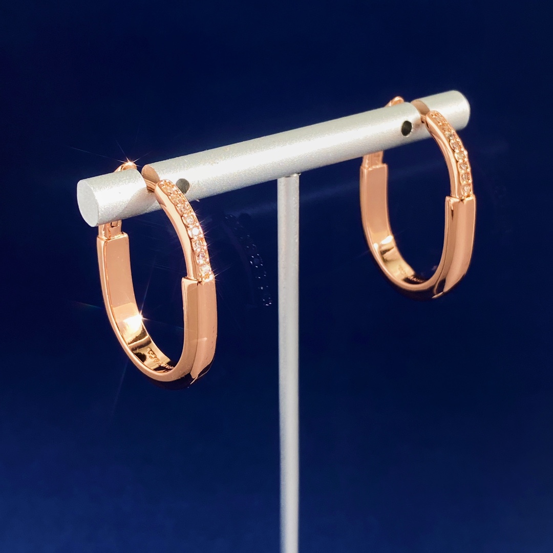 Tiffany Lock Hoop Earrings earrings rose gold metal with clear diamond accents small