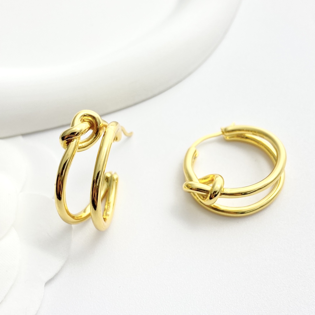 Celine Knot Double Hoop earrings gold tone metal no gemstones 2 5cm diameter