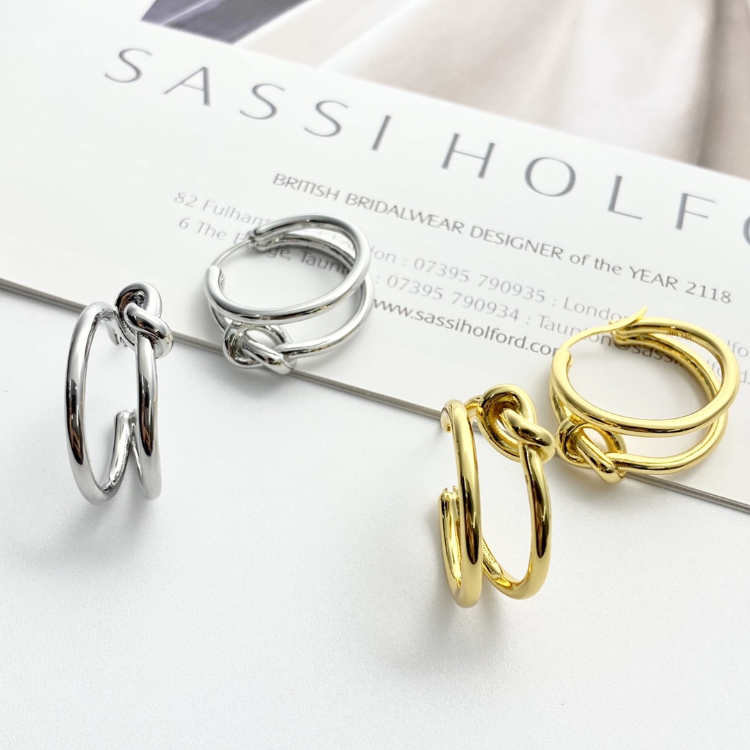 Celine Knot Double Hoop earrings gold tone metal no gemstones 2 5cm diameter