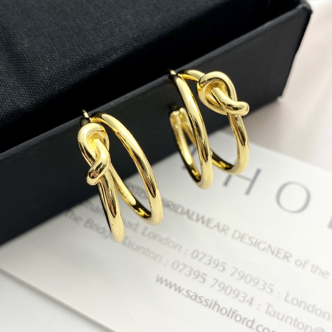 Celine Knot Double Hoop earrings gold tone metal no gemstones 2 5cm diameter