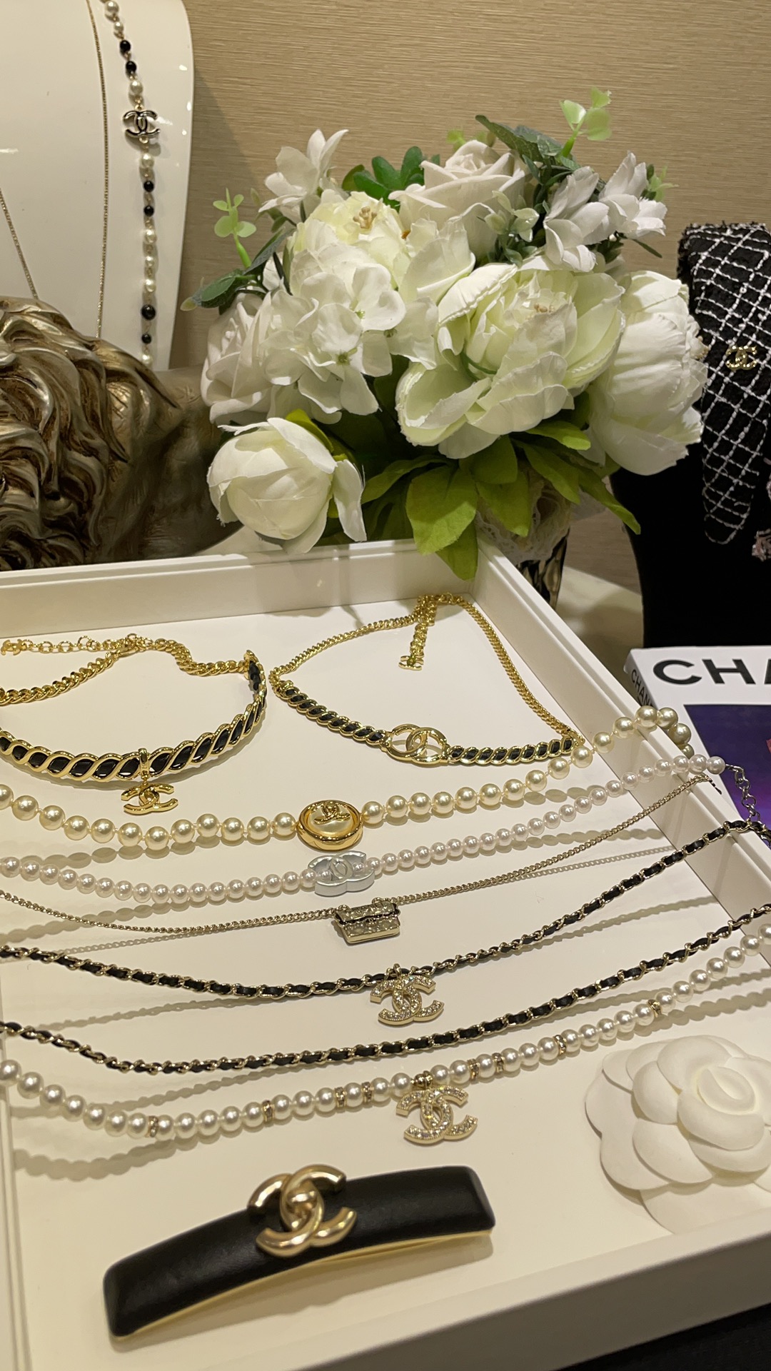 Chanel CC Crystal Pearl Double Layer Chain Necklace necklace gold tone metal white faux pearl clear crystal 42cm with 5cm extender