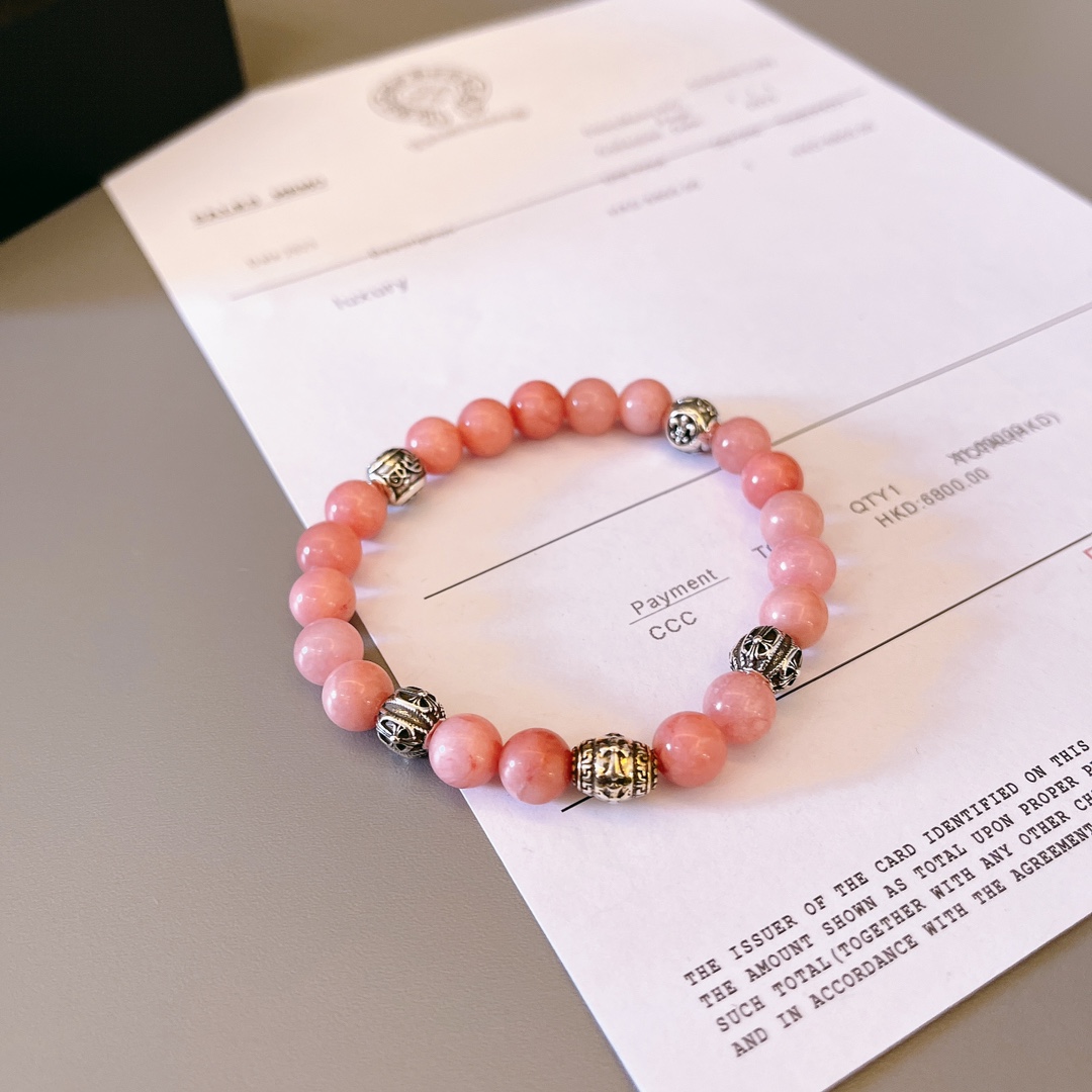 Chrome Hearts Crow Heart Beaded Bracelet bracelet Pink natural beads sterling silver decorative beads 18cm