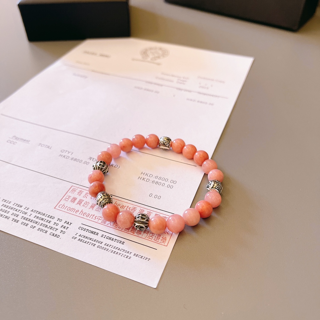 Chrome Hearts Crow Heart Beaded Bracelet bracelet Pink natural beads sterling silver decorative beads 18cm