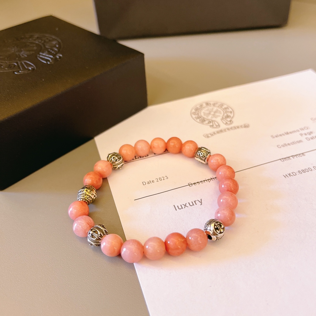 Chrome Hearts Crow Heart Beaded Bracelet bracelet Pink natural beads sterling silver decorative beads 18cm