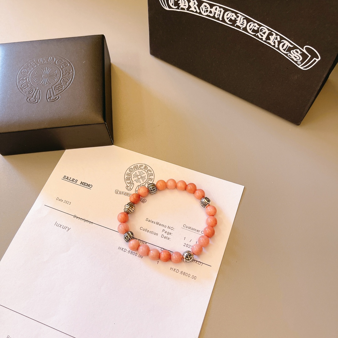 Chrome Hearts Crow Heart Beaded Bracelet bracelet Pink natural beads sterling silver decorative beads 18cm