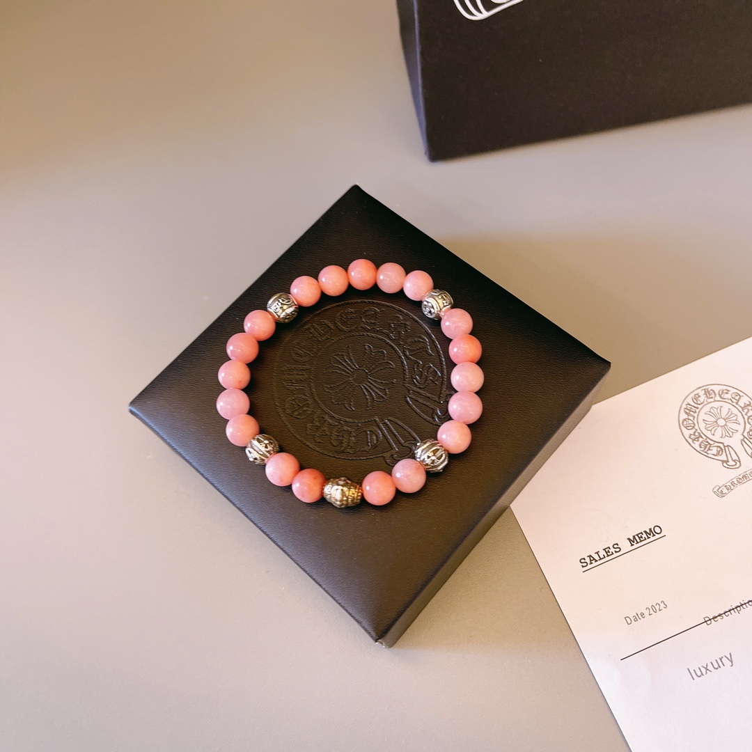 Chrome Hearts Crow Heart Beaded Bracelet bracelet Pink natural beads sterling silver decorative beads 18cm
