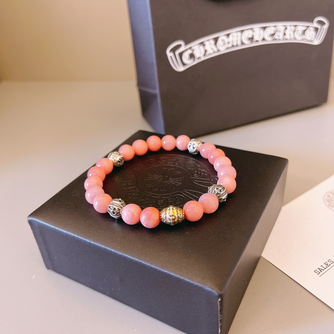 Chrome Hearts Crow Heart Beaded Bracelet bracelet Pink natural beads sterling silver decorative beads 18cm