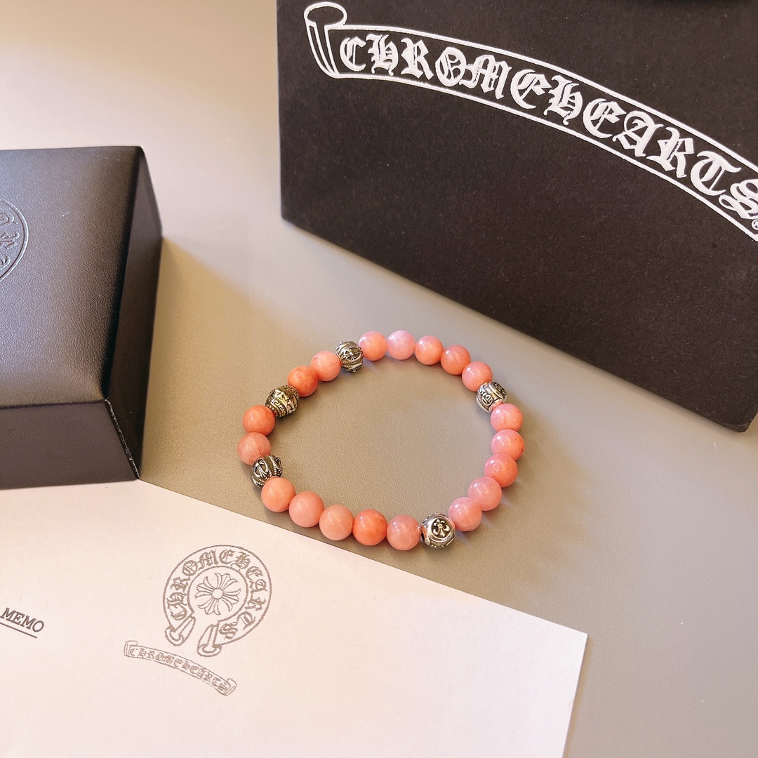 Chrome Hearts Crow Heart Beaded Bracelet bracelet Pink natural beads sterling silver decorative beads 18cm