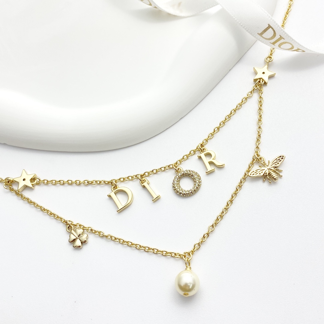Dior Dio r evolution necklace gold-tone metal white faux pearl clear crystal 42cm with 5cm extender