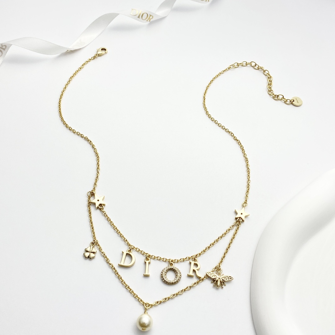Dior Dio r evolution necklace gold-tone metal white faux pearl clear crystal 42cm with 5cm extender