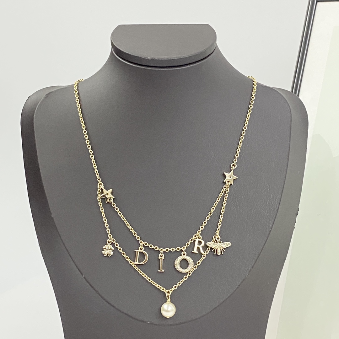 Dior Dio r evolution necklace gold-tone metal white faux pearl clear crystal 42cm with 5cm extender