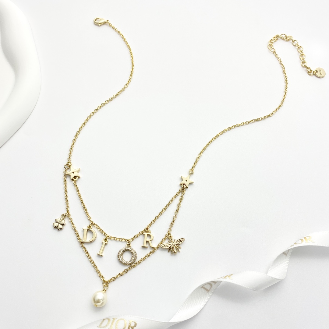 Dior Dio r evolution necklace gold-tone metal white faux pearl clear crystal 42cm with 5cm extender