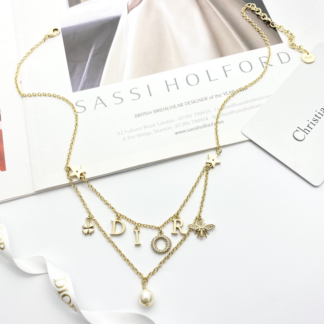 Dior Dio r evolution necklace gold-tone metal white faux pearl clear crystal 42cm with 5cm extender