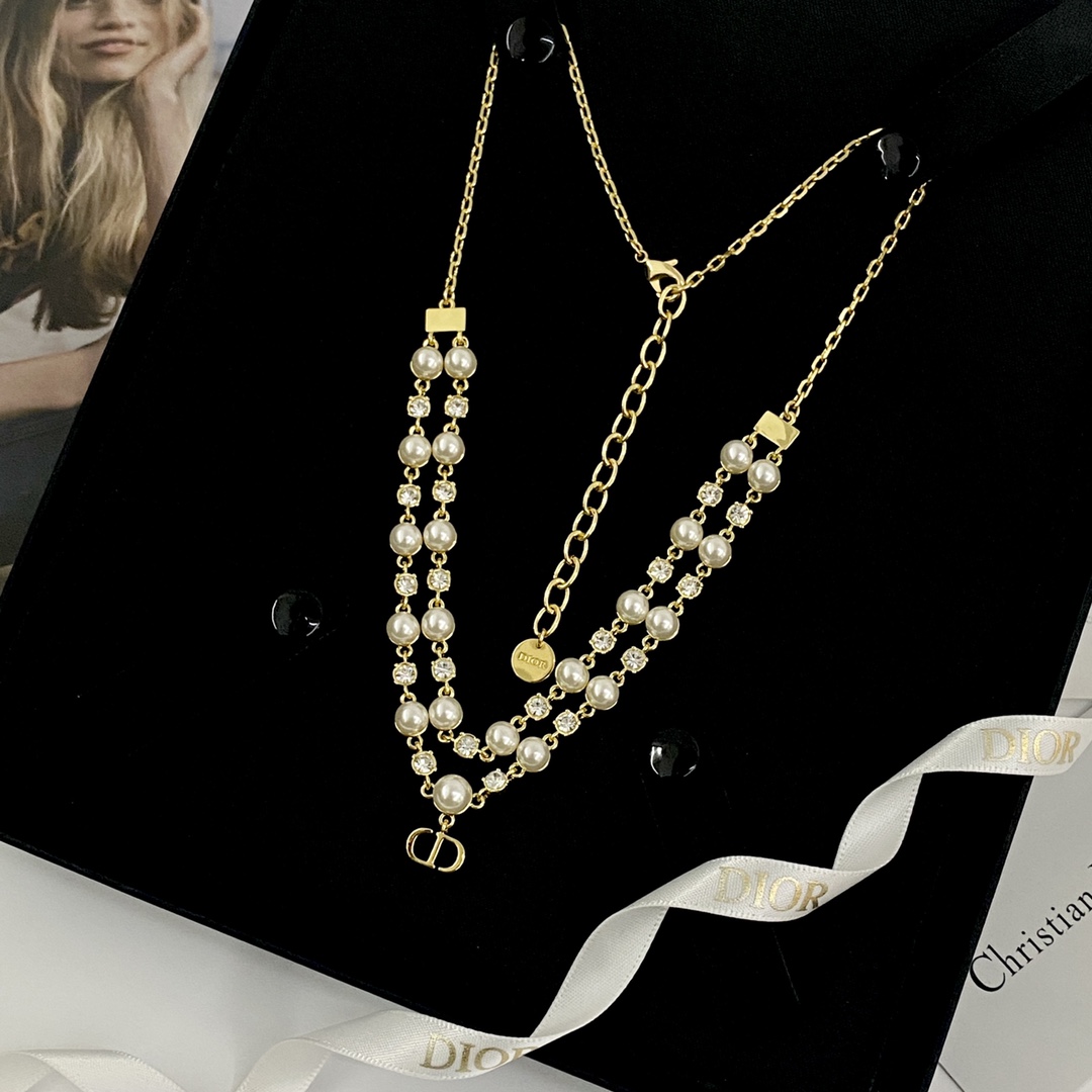 Dior Petit CD Pearl Crystal Layered Choker necklace gold-tone metal white faux pearl clear crystal 40cm with 5cm extender chain