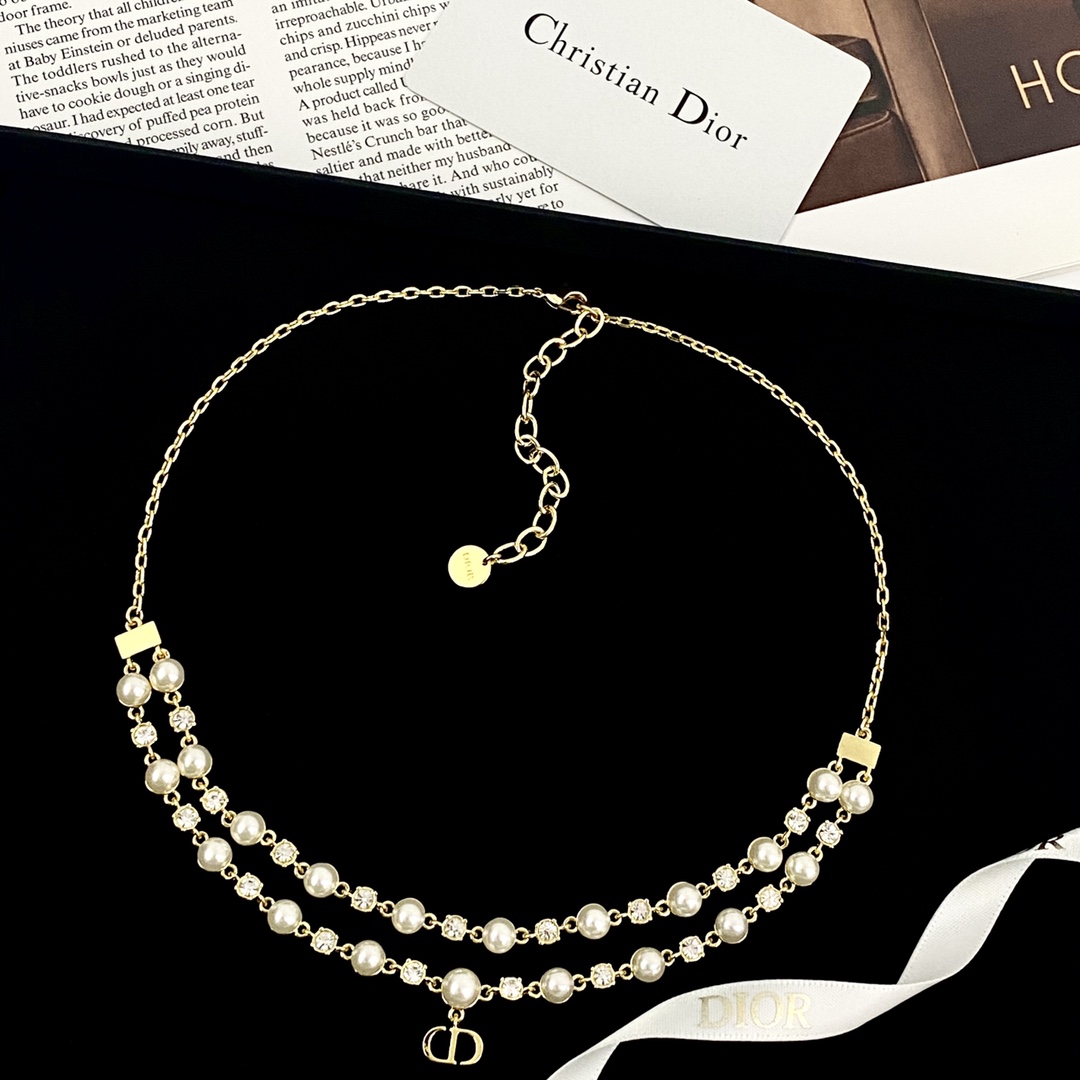 Dior Petit CD Pearl Crystal Layered Choker necklace gold-tone metal white faux pearl clear crystal 40cm with 5cm extender chain
