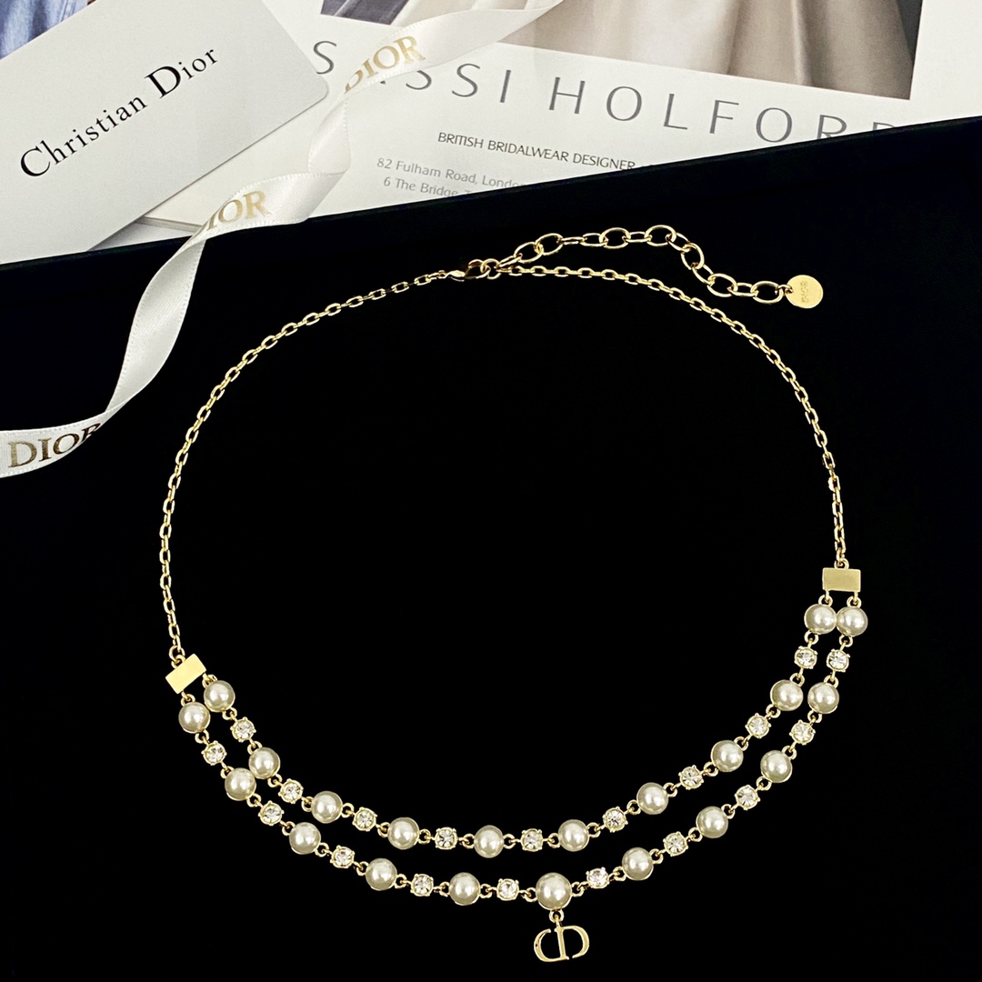 Dior Petit CD Pearl Crystal Layered Choker necklace gold-tone metal white faux pearl clear crystal 40cm with 5cm extender chain