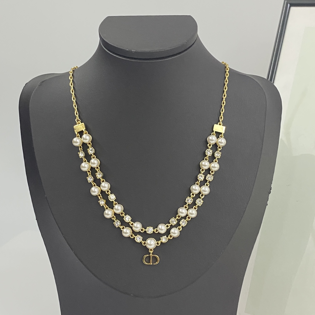 Dior Petit CD Pearl Crystal Layered Choker necklace gold-tone metal white faux pearl clear crystal 40cm with 5cm extender chain