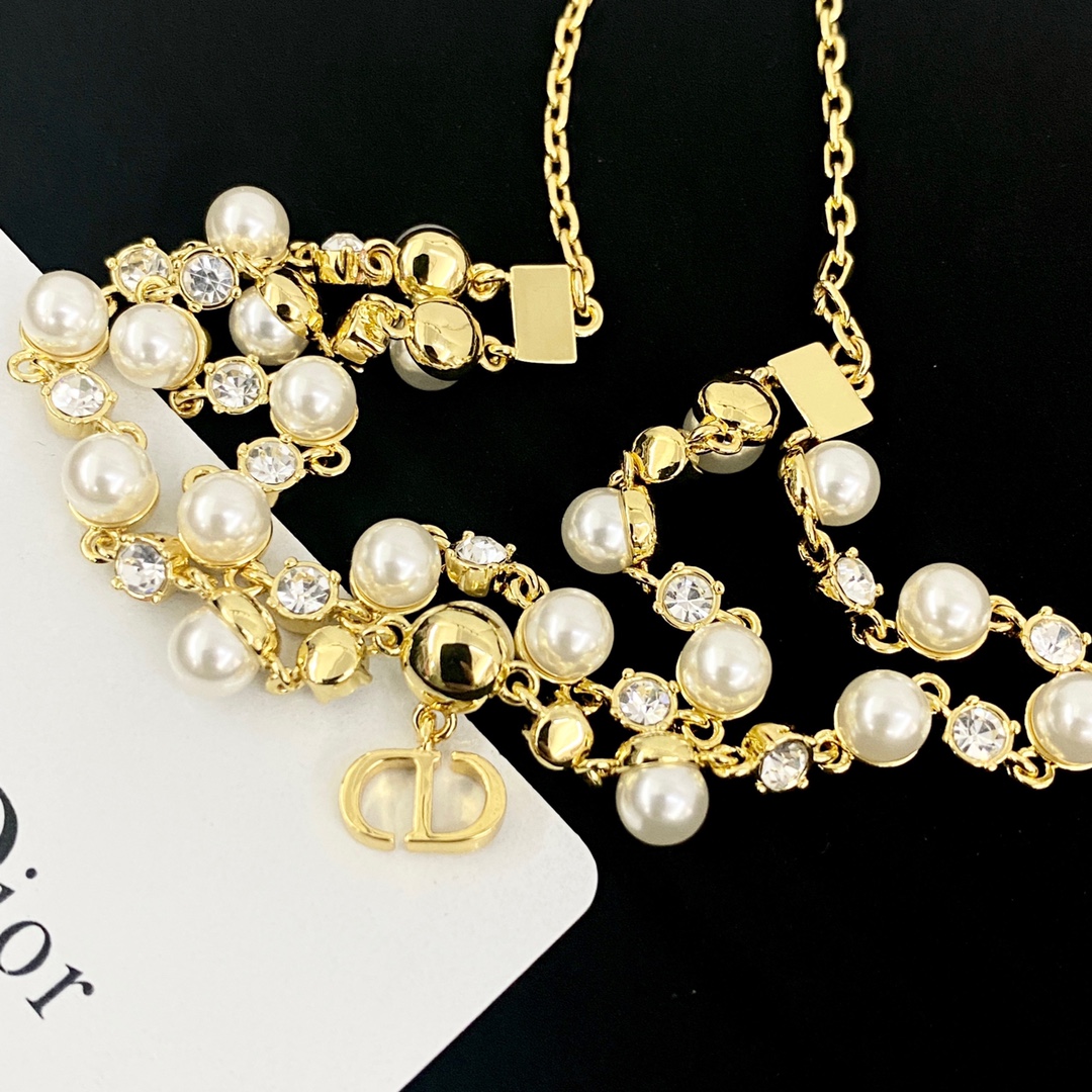 Dior Petit CD Pearl Crystal Layered Choker necklace gold-tone metal white faux pearl clear crystal 40cm with 5cm extender chain