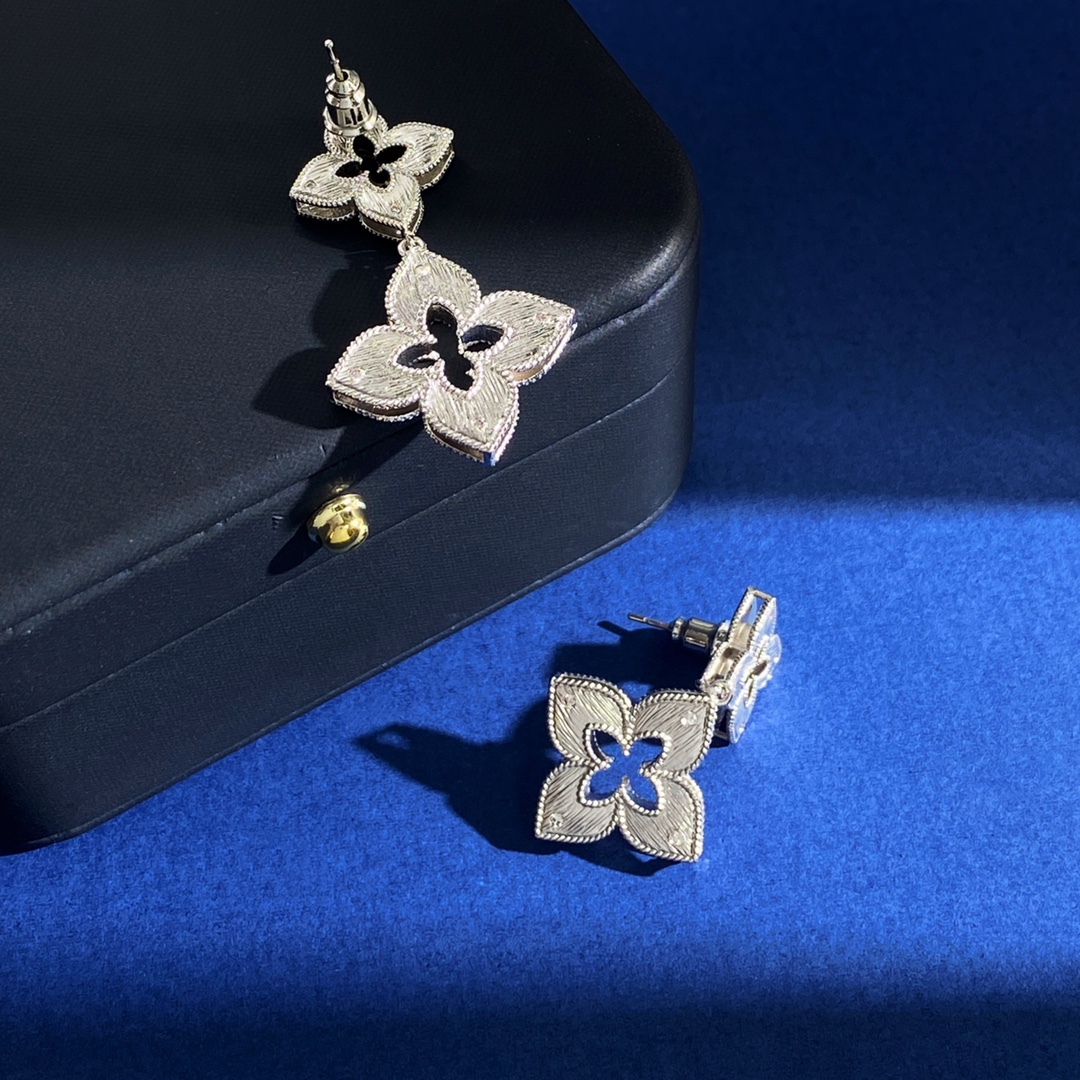Roberto Coin Princess Flower earrings 18k white gold with diamond accents 3 8cm drop length