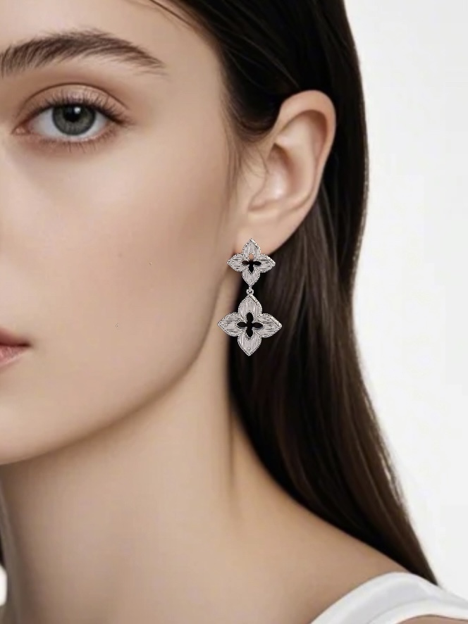 Roberto Coin Princess Flower earrings 18k white gold with diamond accents 3 8cm drop length