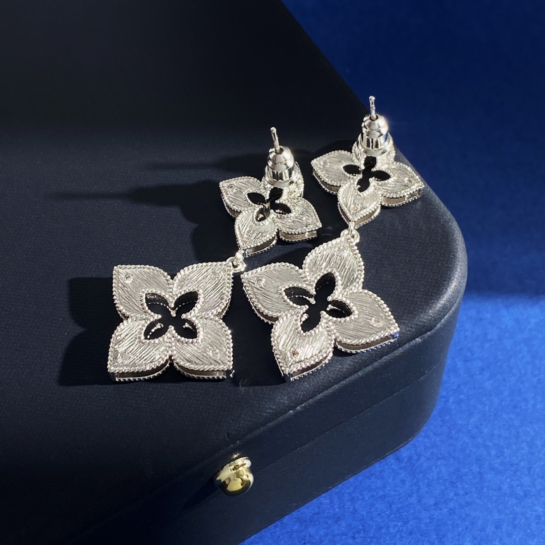 Roberto Coin Princess Flower earrings 18k white gold with diamond accents 3 8cm drop length