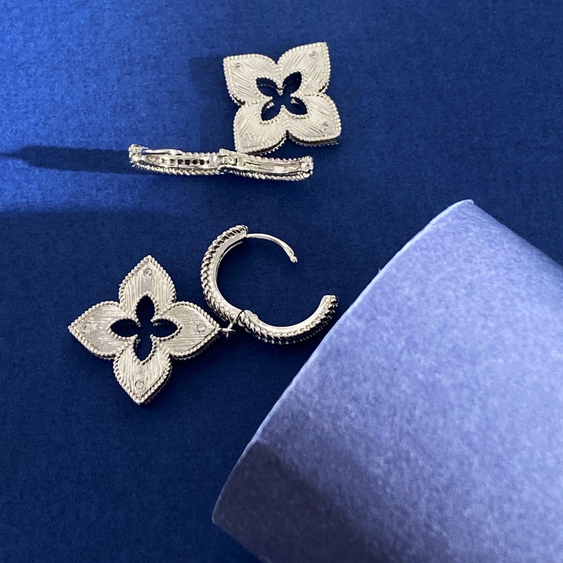 Roberto Coin Venetian Princess earrings rhodium-plated sterling silver with clear diamond accents 15mm hoop diameter 20mm pendant drop