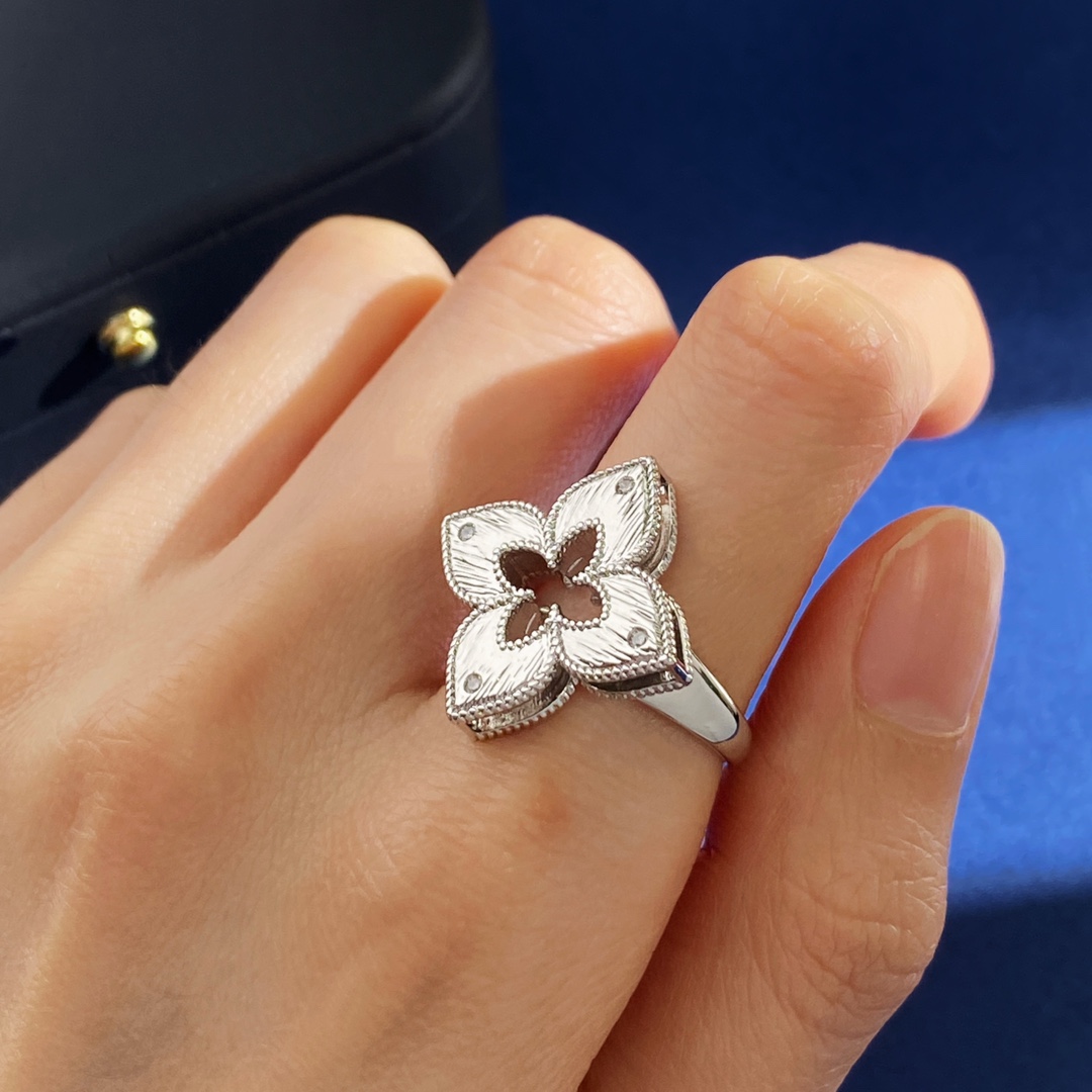 Anello Roberto Coin Princess Flower in oro bianco argentato con accenti di diamanti 52