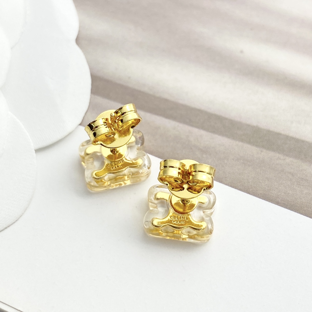 Celine Triomphe earrings gold-tone metal with clear transparent resin 1cm stud diameter