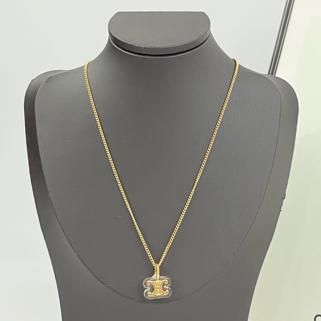 Celine Triomphe Resin Pendant necklace gold-tone metal with clear transparent resin 45cm with 5cm extender