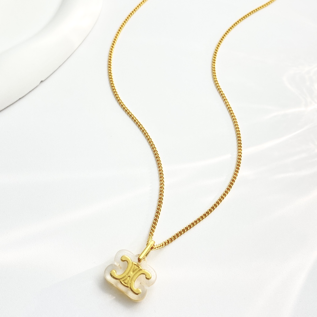 Celine Triomphe Resin Pendant necklace gold-tone metal with clear transparent resin 45cm with 5cm extender