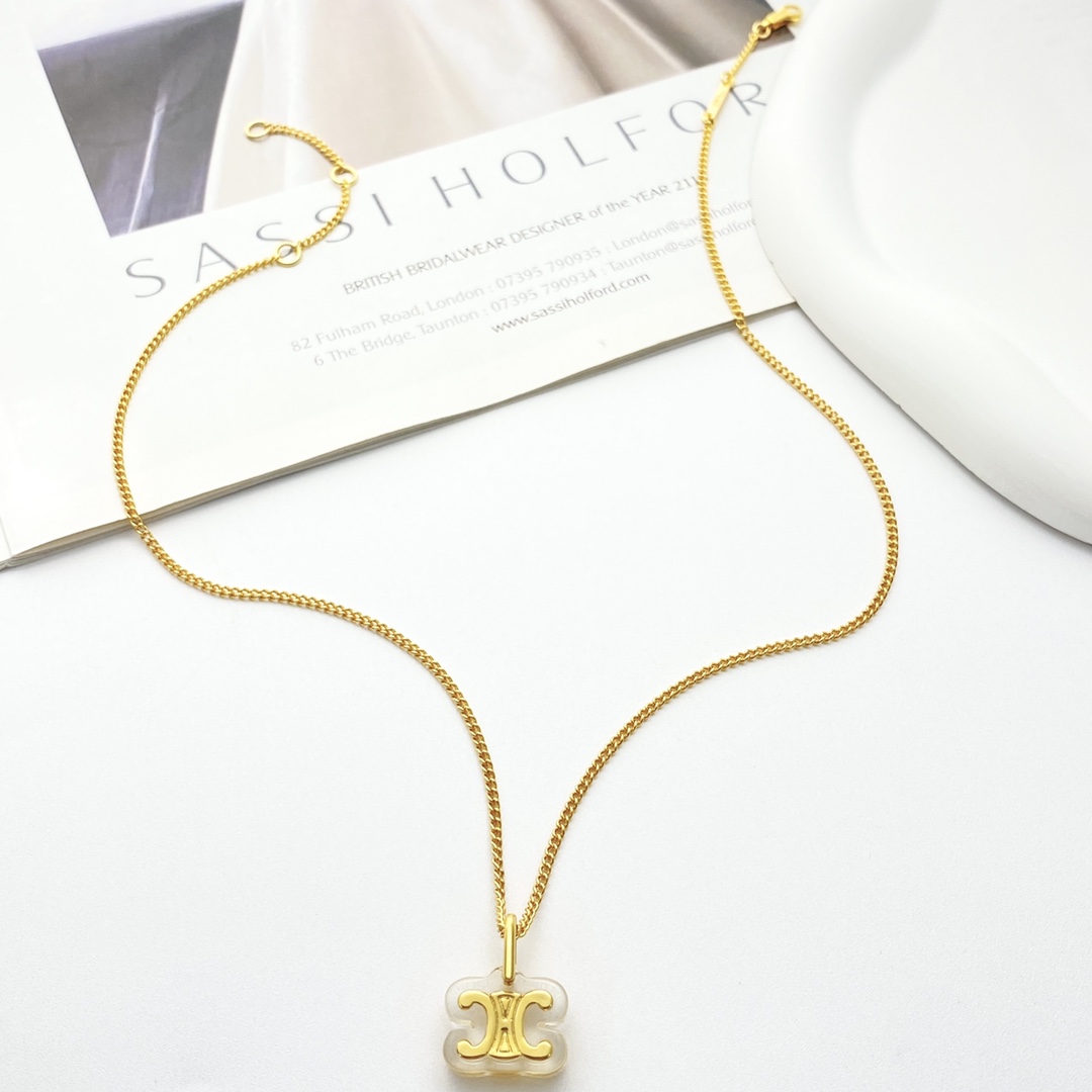Celine Triomphe Resin Pendant necklace gold-tone metal with clear transparent resin 45cm with 5cm extender