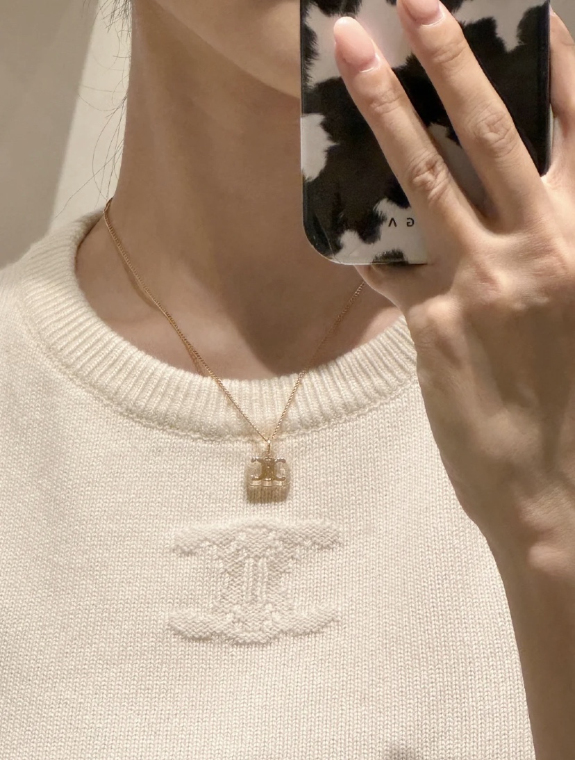Celine Triomphe Resin Pendant necklace gold-tone metal with clear transparent resin 45cm with 5cm extender