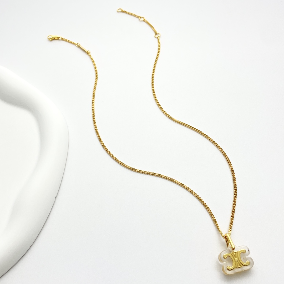 Celine Triomphe Resin Pendant necklace gold-tone metal with clear transparent resin 45cm with 5cm extender