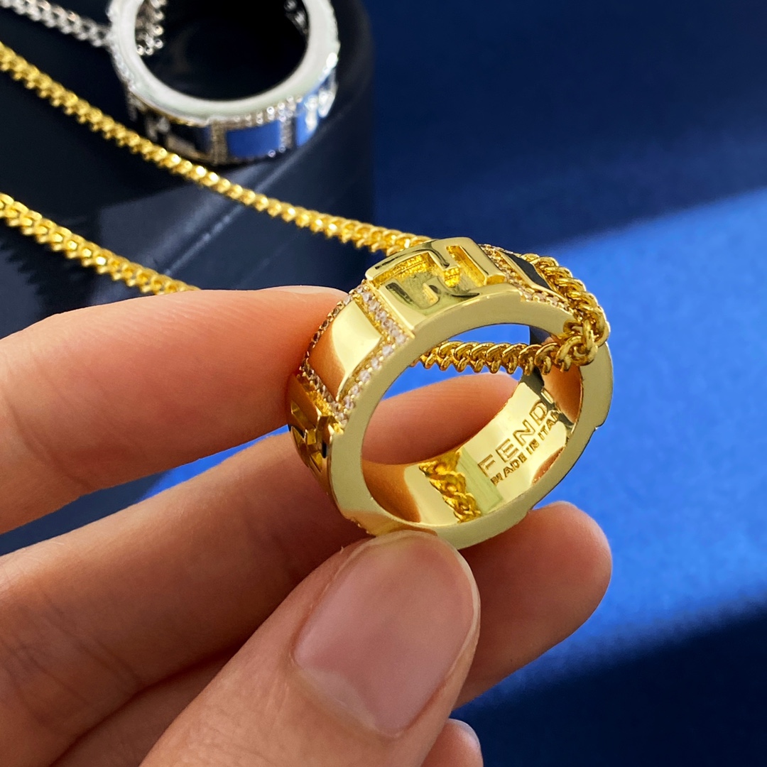Fendi FF Ring Pendant Necklace necklace Gold-tone metal with clear cubic zirconia Silver-tone metal with clear cubic zirconia 60cm