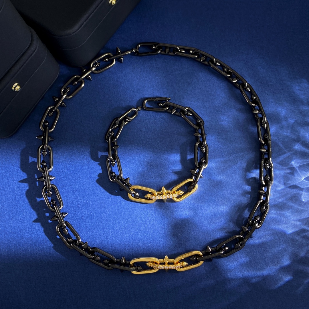 Tiffany Titan Spiked Chain Choker necklace ruthenium black metal yellow gold metal clear diamond accents 40cm