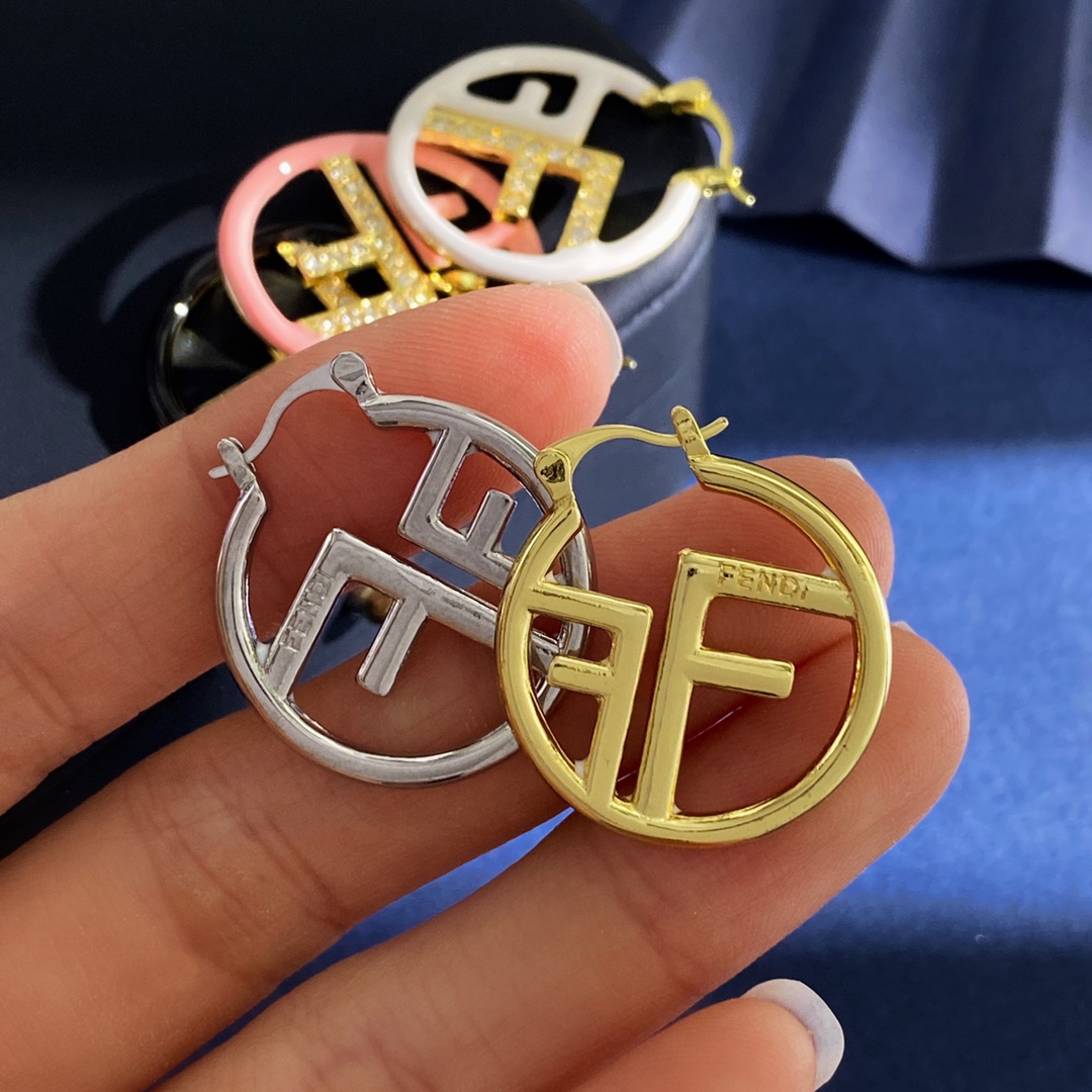 Fendi F Is Fendi Hoop Earrings earrings Gold-tone metal white enamel clear crystal accents 3 5cm diameter