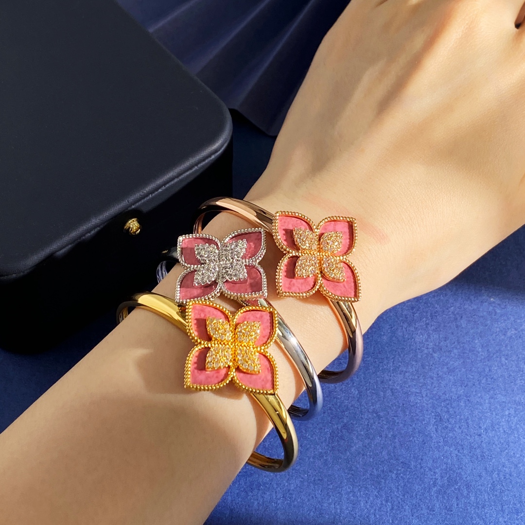 Van Cleef Arpels Spring Flower bracelet Silver-toned metal with pink rhodonite inlay and pave white diamonds 17cm