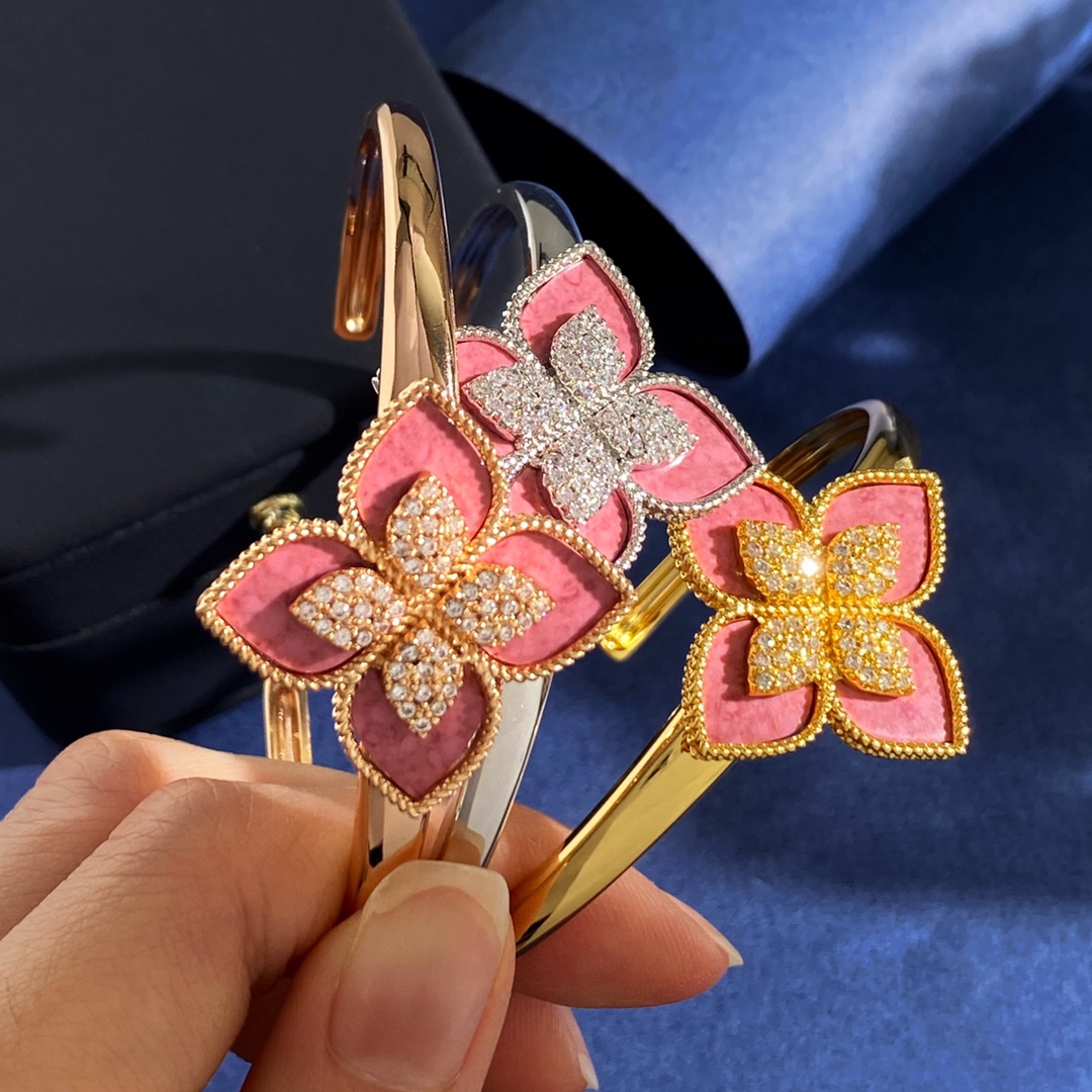 Van Cleef Arpels Spring Flower bracelet Silver-toned metal with pink rhodonite inlay and pave white diamonds 17cm