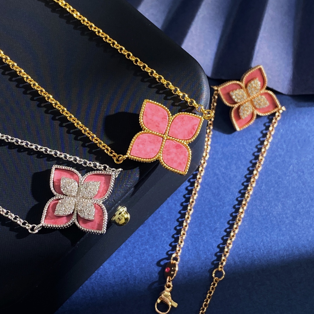 Roberto Coin Princess Flower bracelet Yellow gold with pink rhodonite and diamond accents 18cm