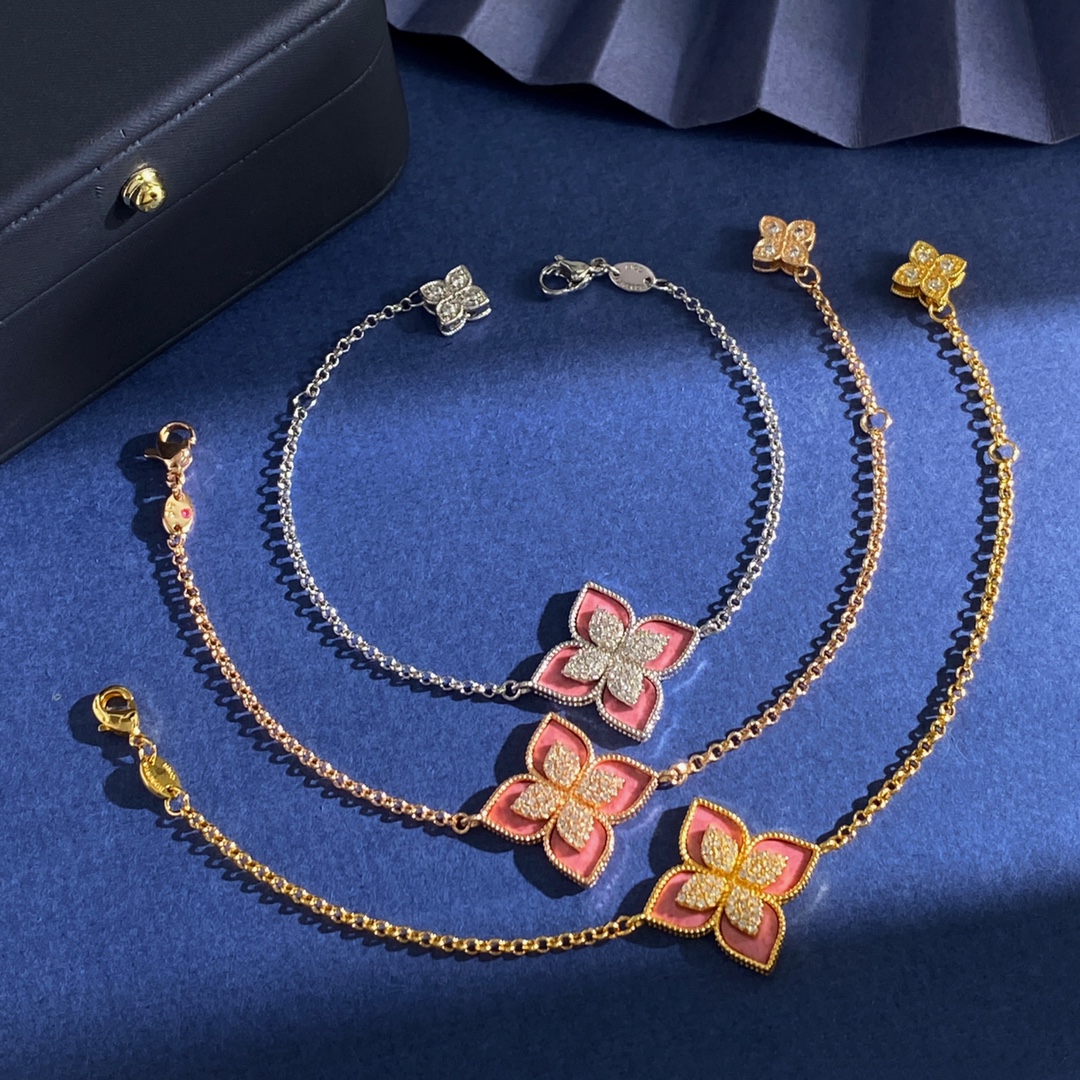 Roberto Coin Princess Flower bracelet Yellow gold with pink rhodonite and diamond accents 18cm