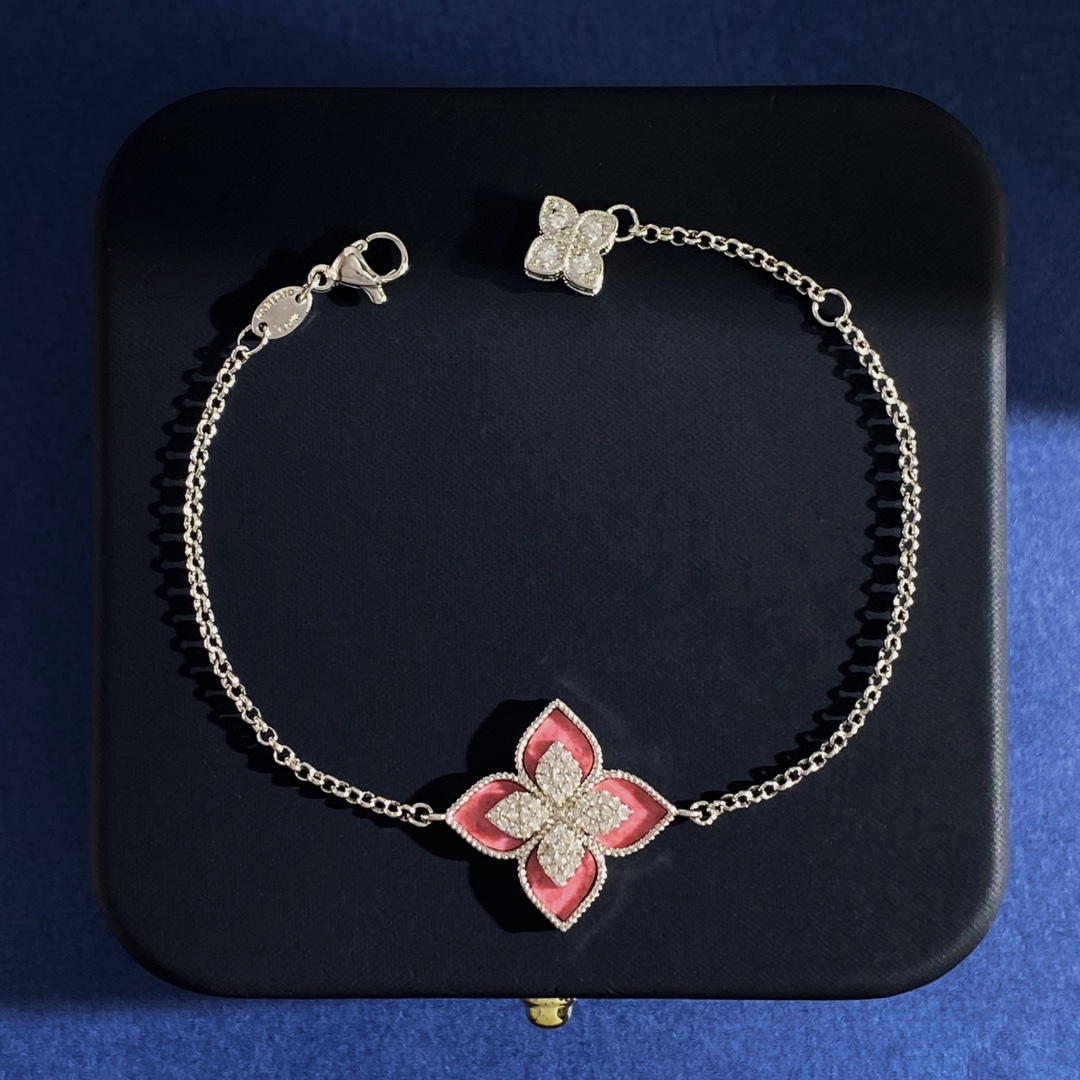 Roberto Coin Princess Flower bracelet Yellow gold with pink rhodonite and diamond accents 18cm