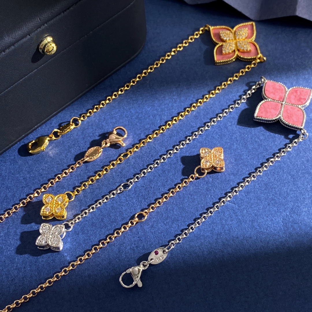 Roberto Coin Princess Flower bracelet Yellow gold with pink rhodonite and diamond accents 18cm
