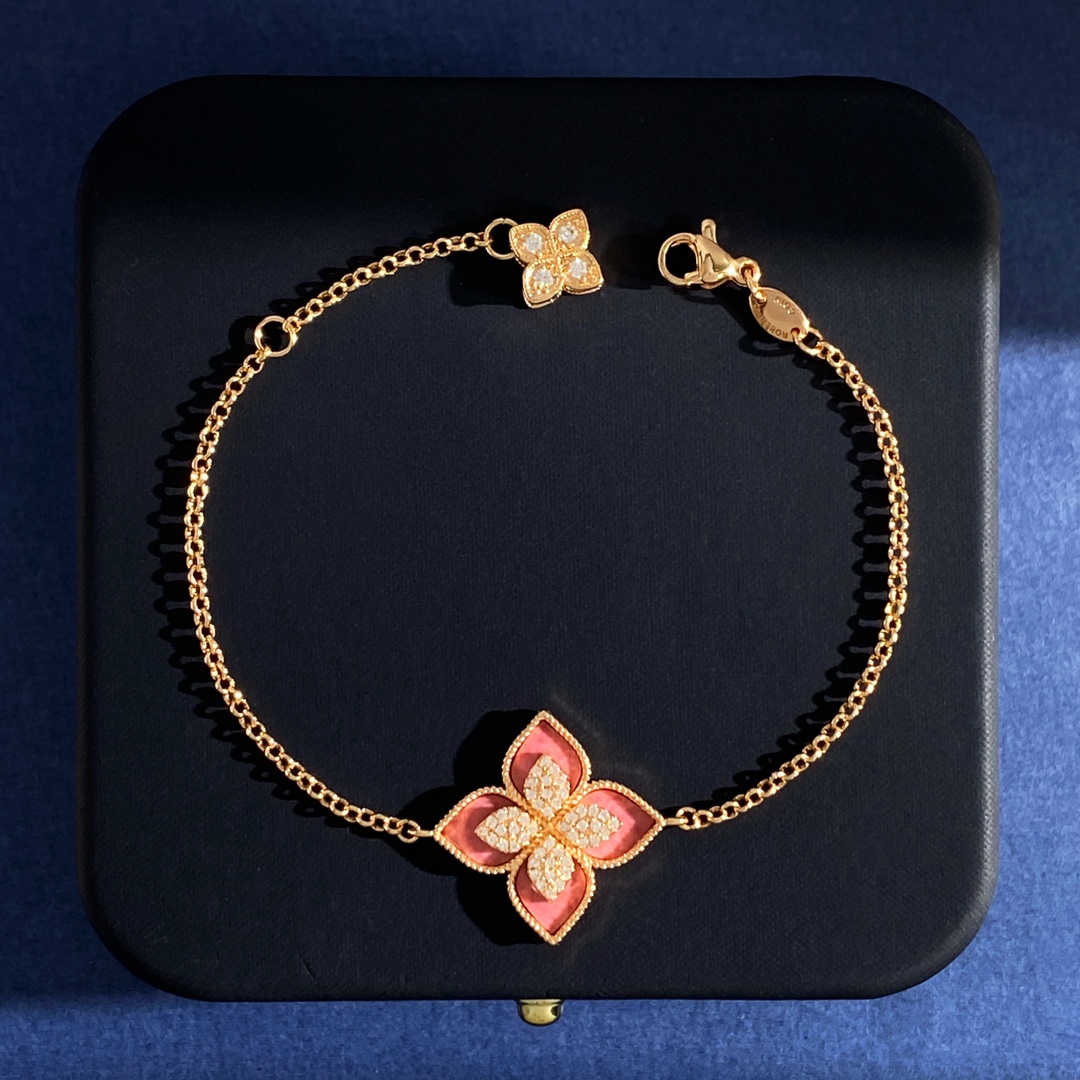 Roberto Coin Princess Flower bracelet Yellow gold with pink rhodonite and diamond accents 18cm