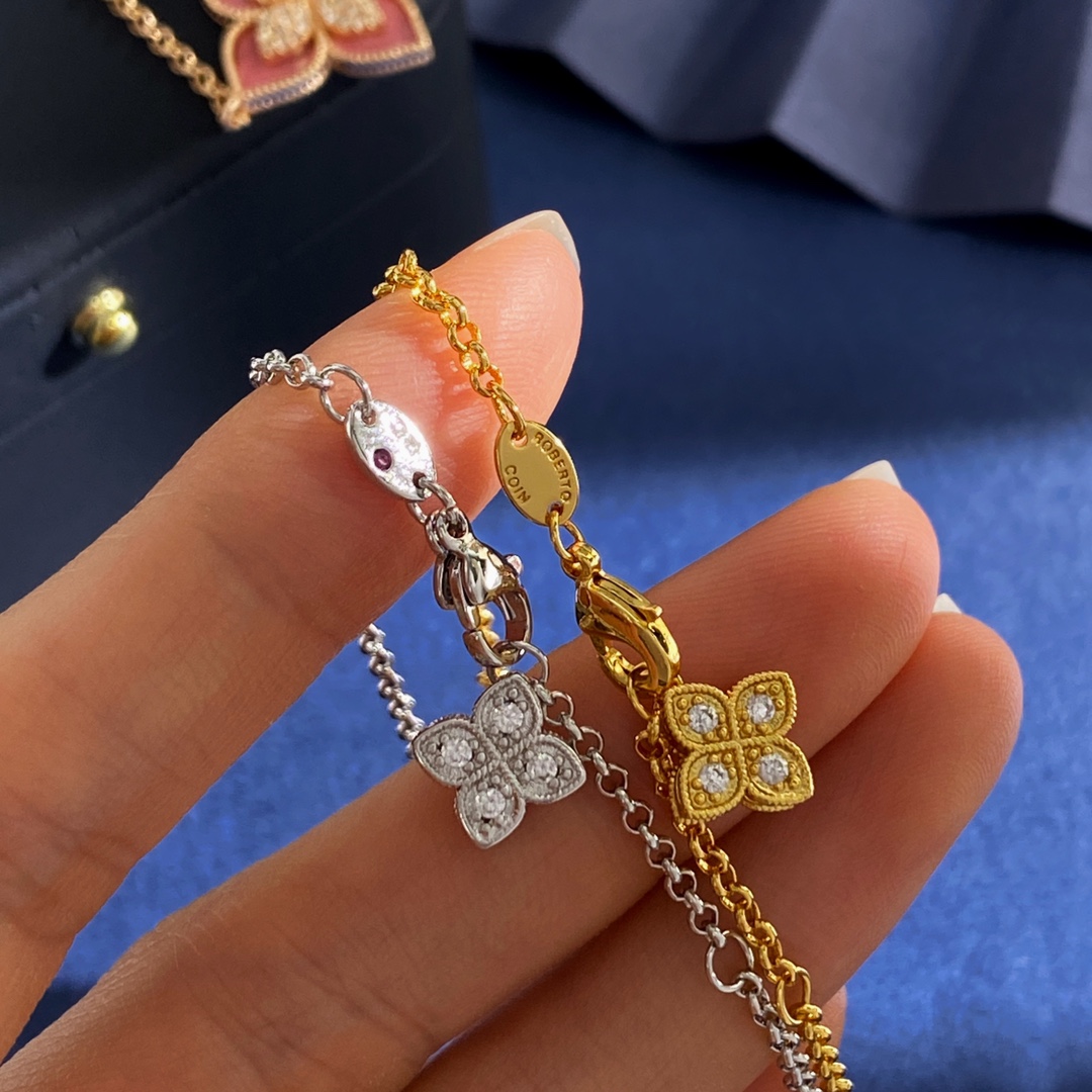 Roberto Coin Princess Flower bracelet Yellow gold with pink rhodonite and diamond accents 18cm
