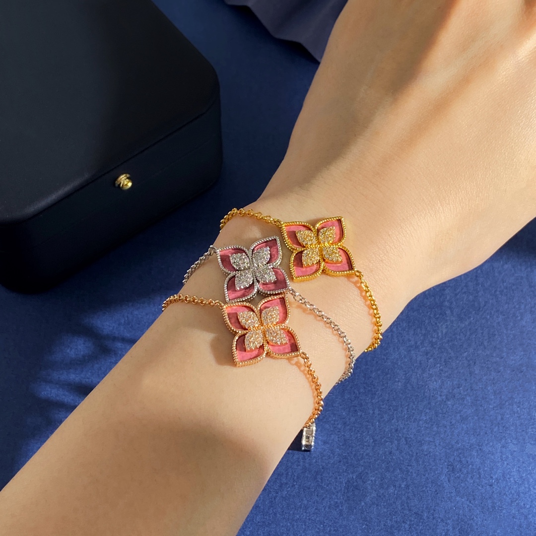 Roberto Coin Princess Flower bracelet Yellow gold with pink rhodonite and diamond accents 18cm