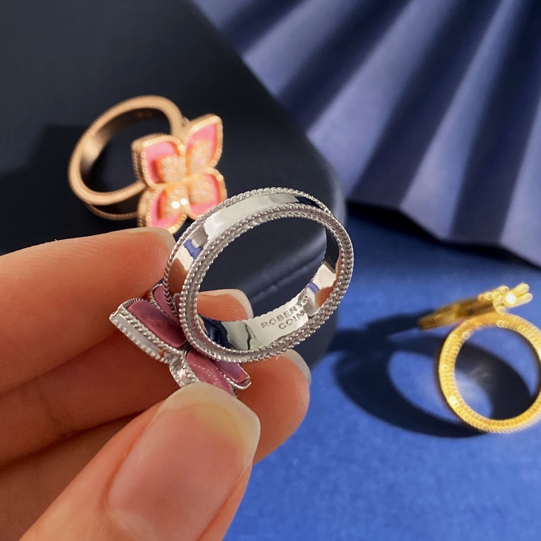 Roberto Coin Princess Flower ring Yellow gold rose gold white gold with pink rhodonite and pave diamonds 6 5